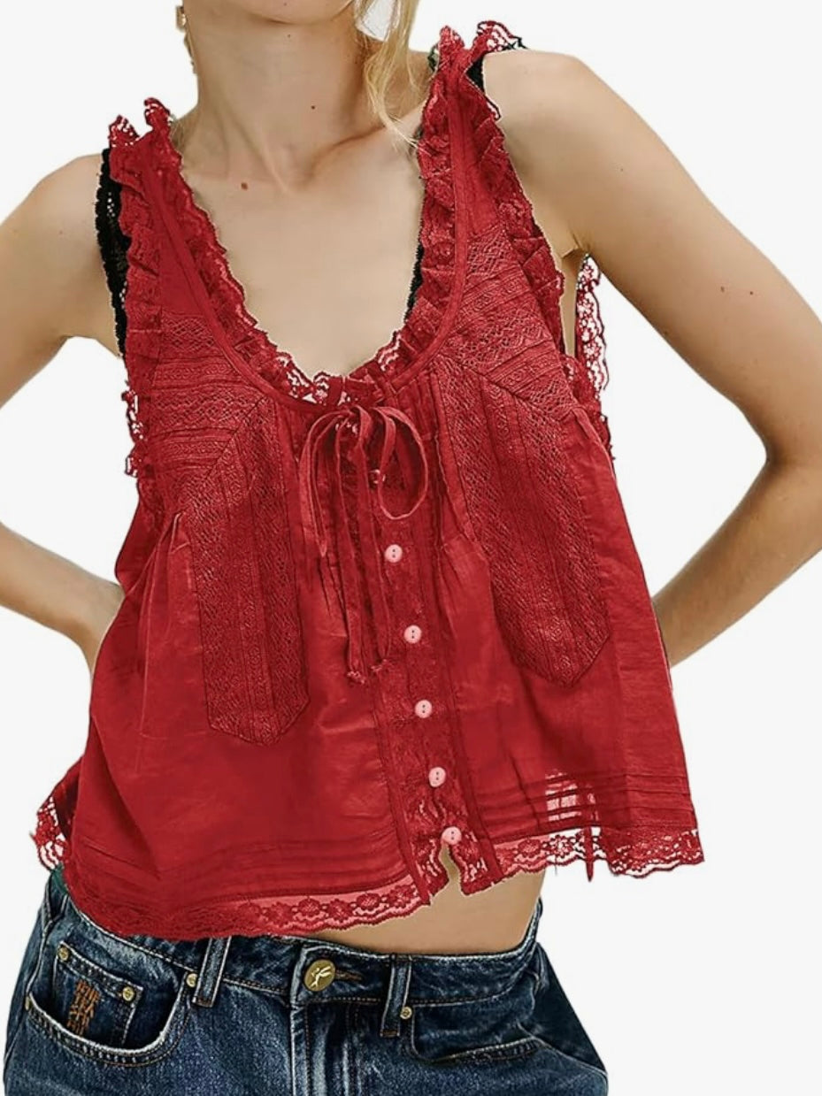 Solid colors buttoned lace edge tank top