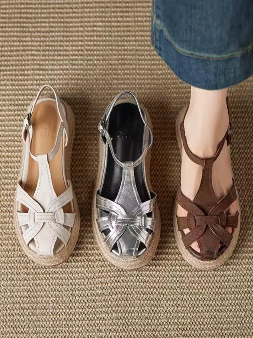 Off white, brown and silver espadrilles platform sandals