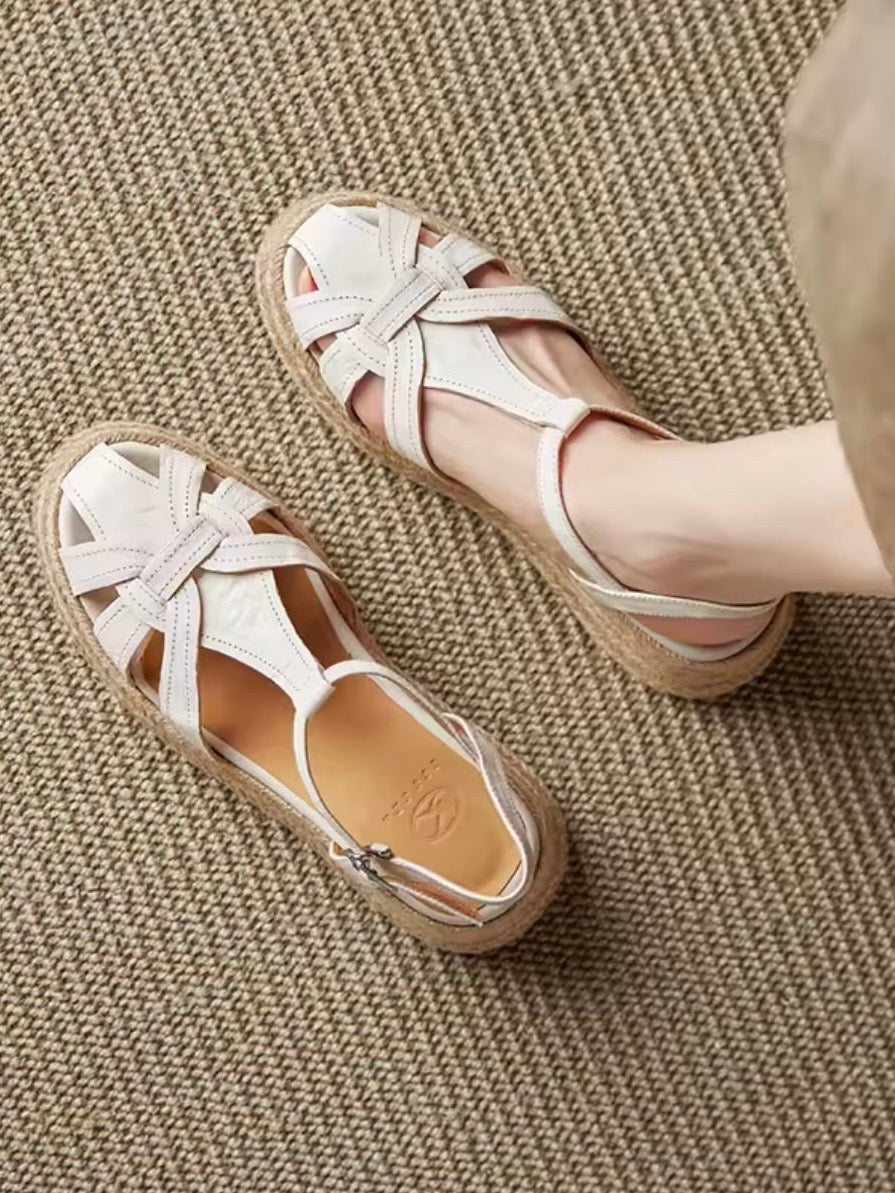 Off white, brown and silver espadrilles platform sandals