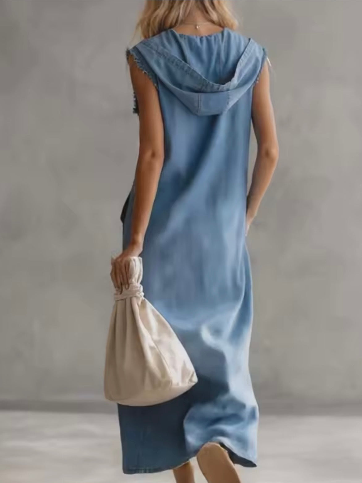 Mid blue Denim sleeveless hooded maxi dress
