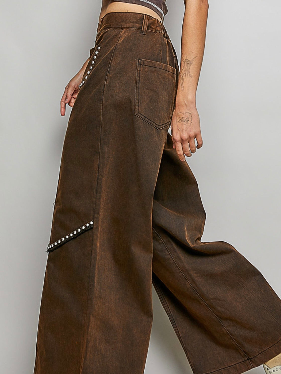 Brown studded wide leg jeans pants