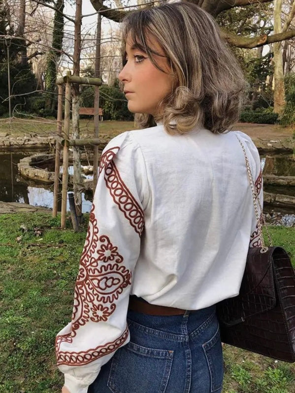 Beige and burgundy embroidered shirt