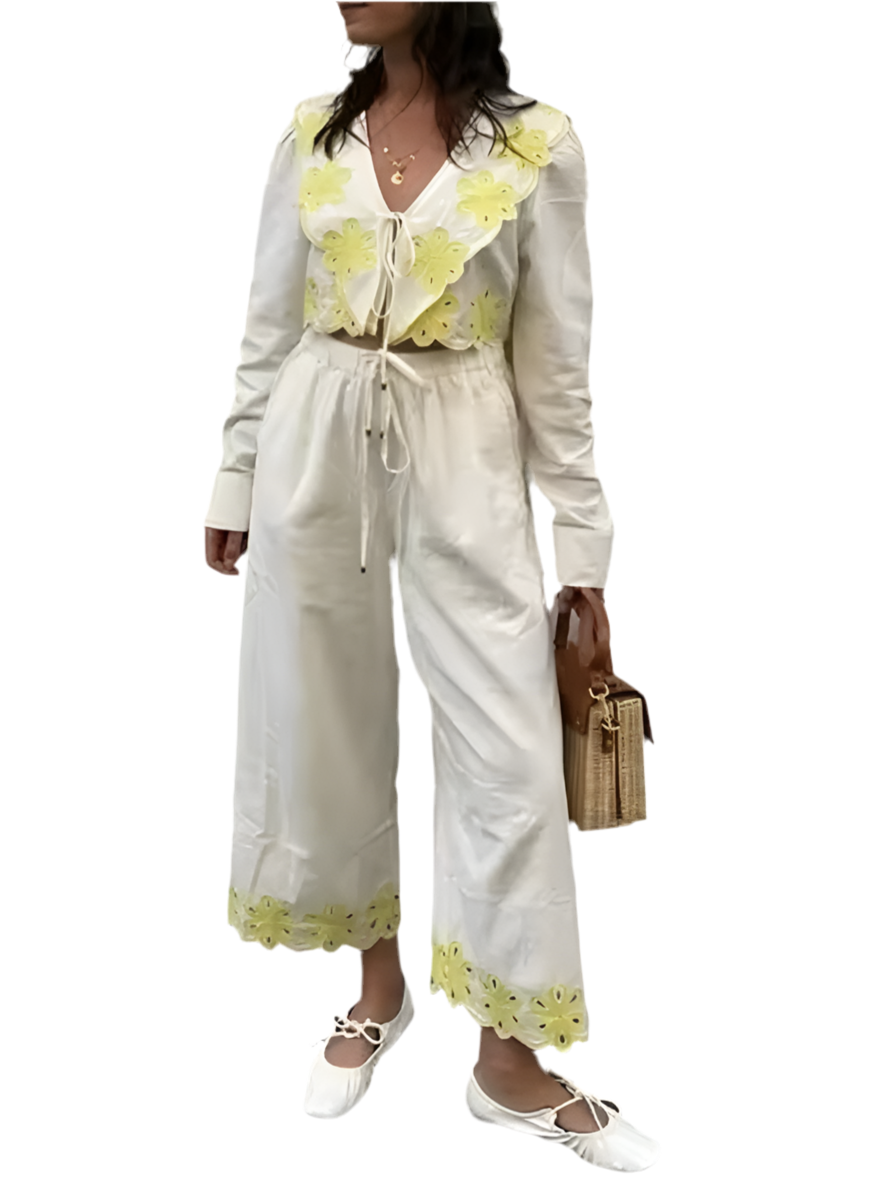 Beige and yellow contrast edge set of 2 top and pants