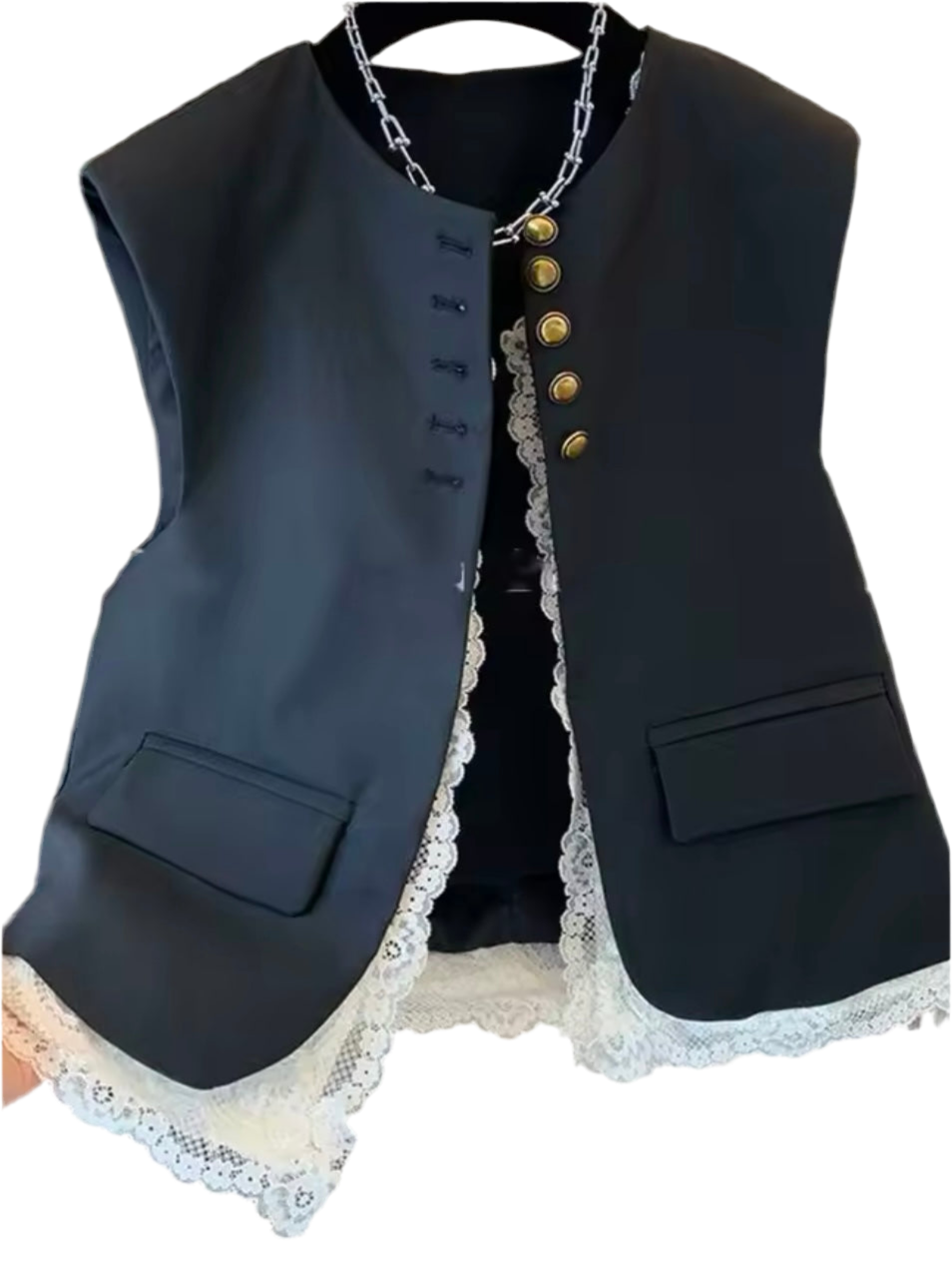 Black blue mix fabrics lace sleeveless vest top