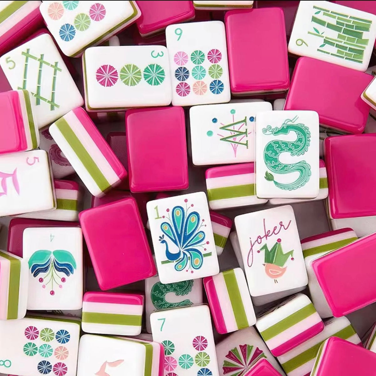 Fuchsia and white Mahjong tiles set