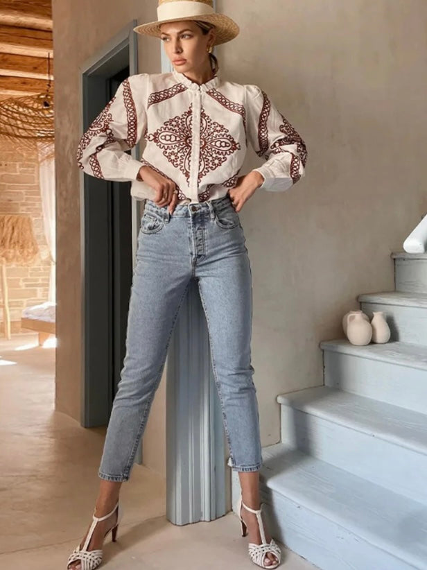 Beige and burgundy embroidered shirt