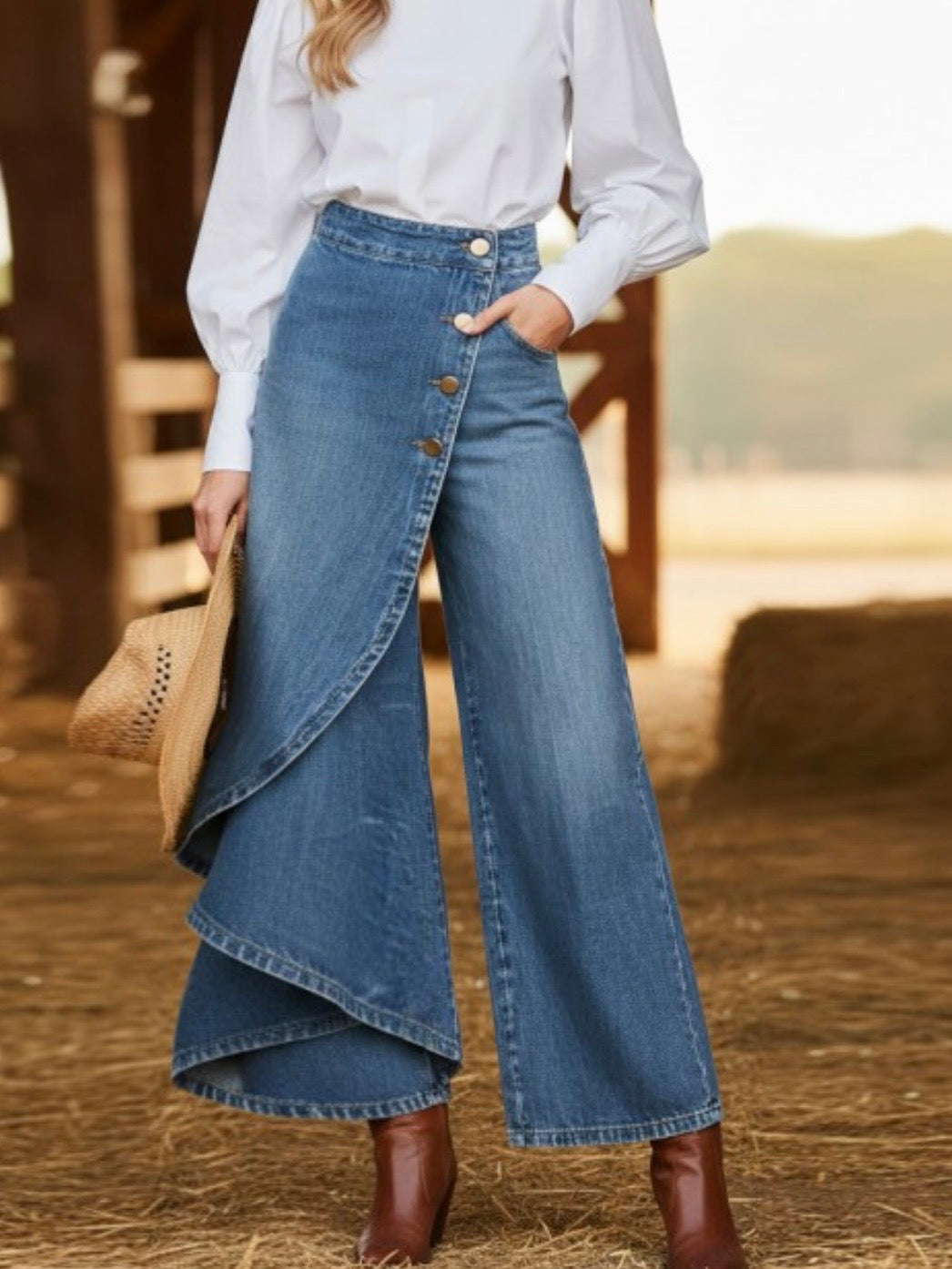 Mid blue ruffle crossed side loose leg pants