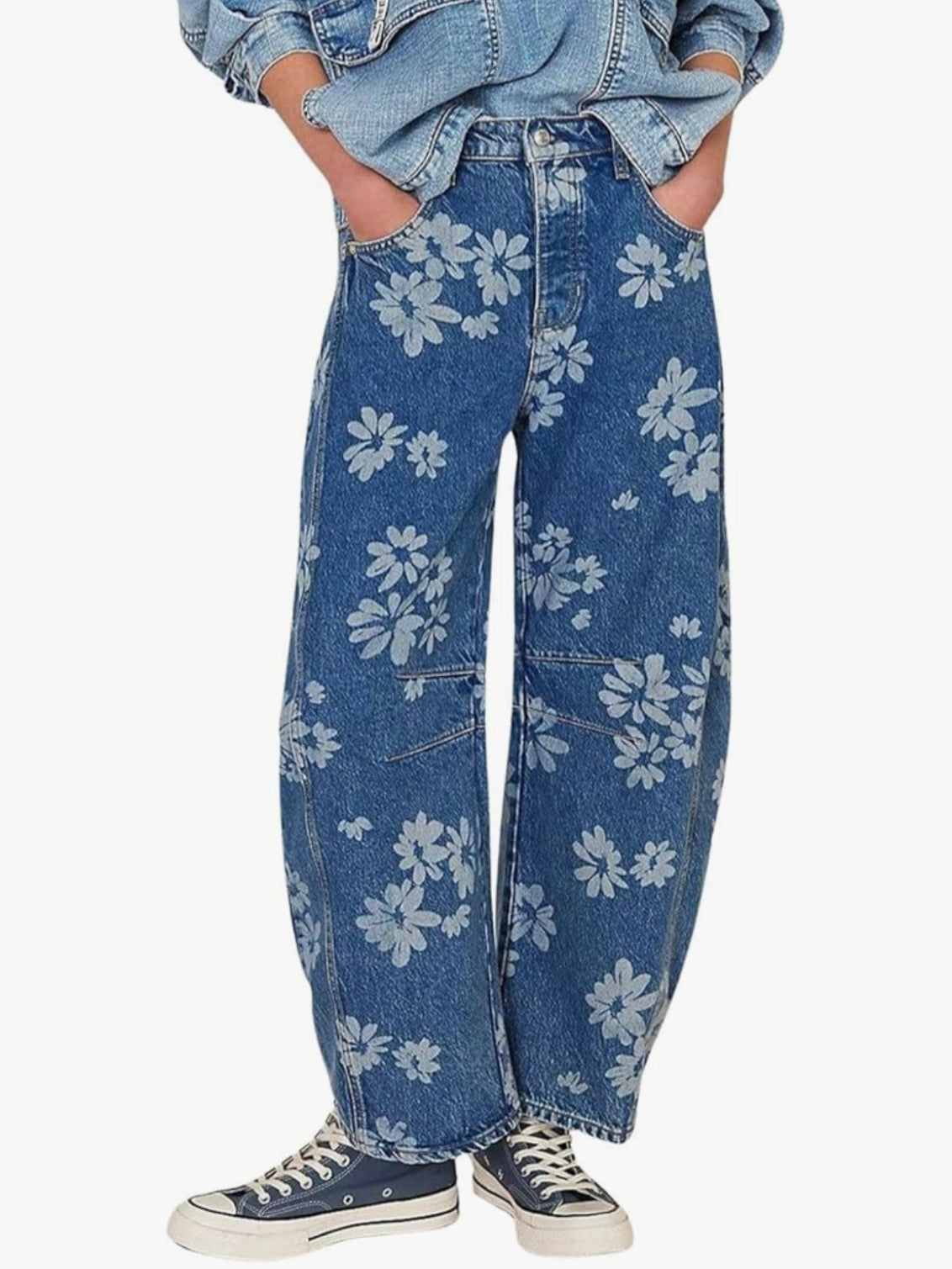 Blue floral barrel seams pants