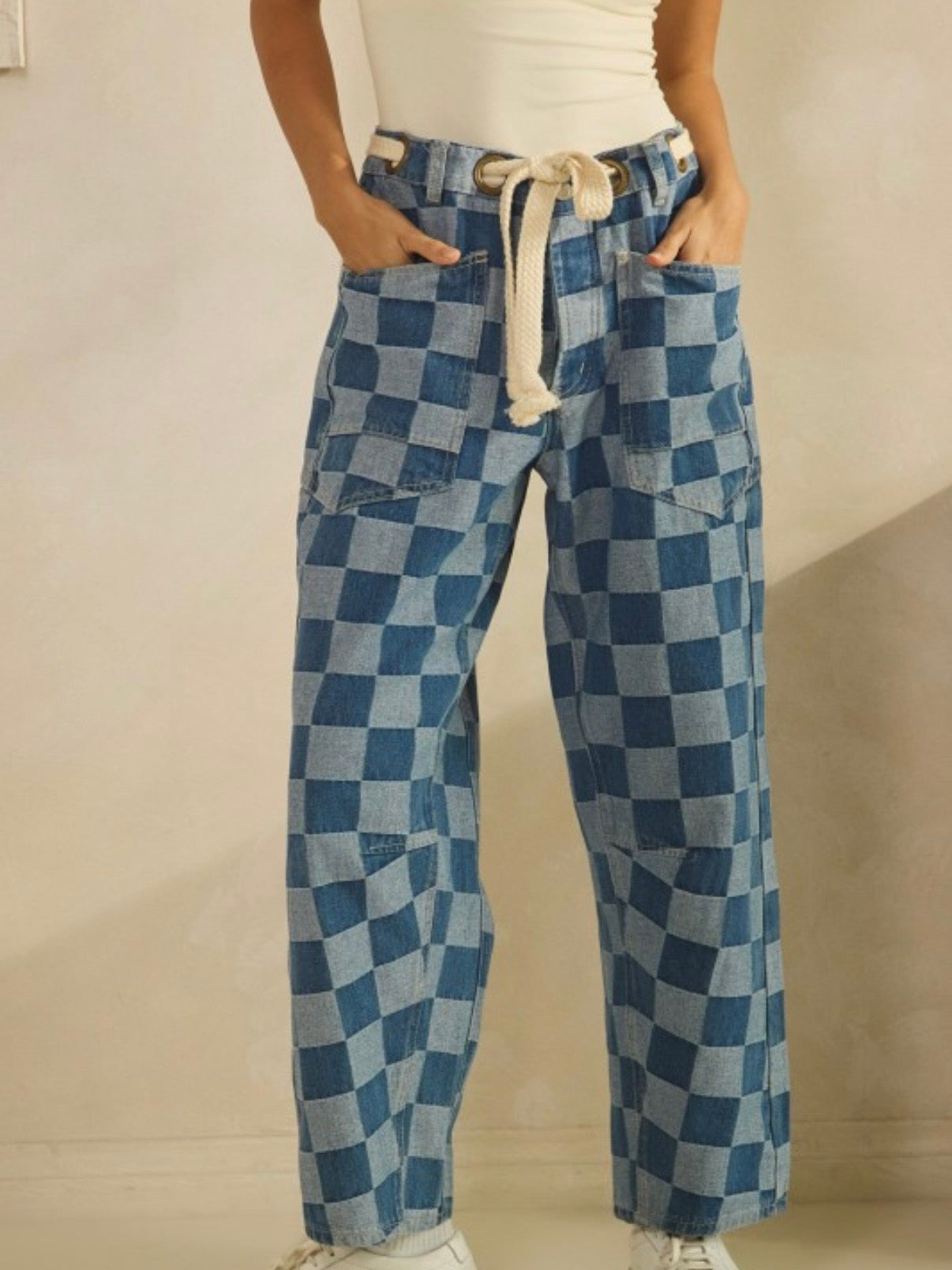 Checkered tie laces barrel jeans pants