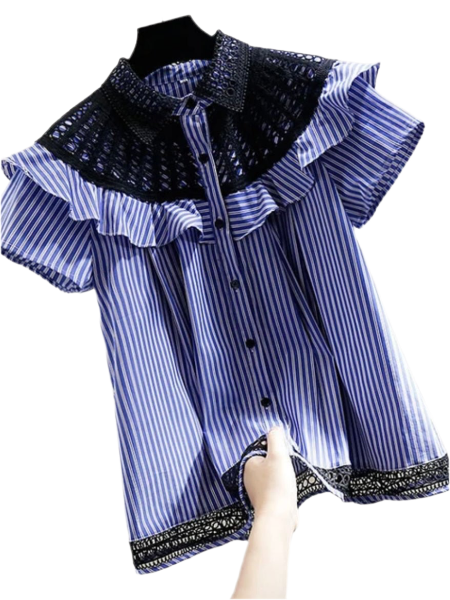 Navy blue striped V-neckline mix fabrics shirt