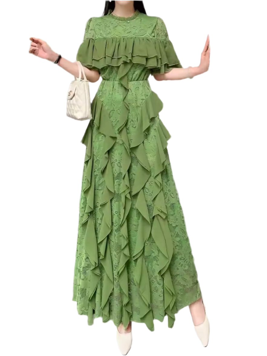 Green short sleeves layered maxi dress