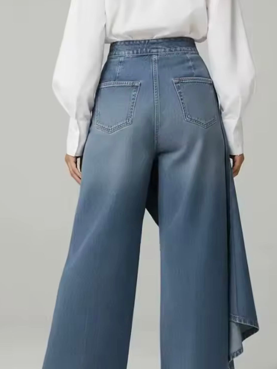 Mid blue ruffle crossed side loose leg pants