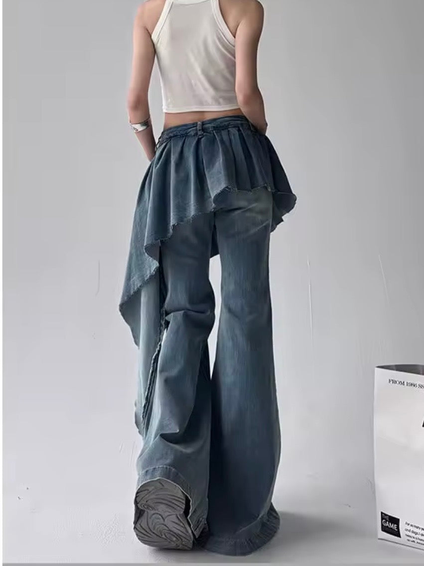 Mid blue ruffle skirt wide leg pants