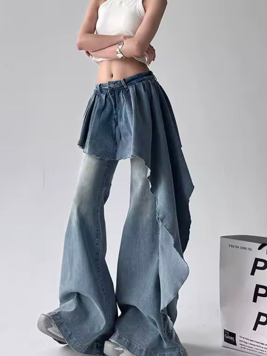 Mid blue ruffle skirt wide leg pants