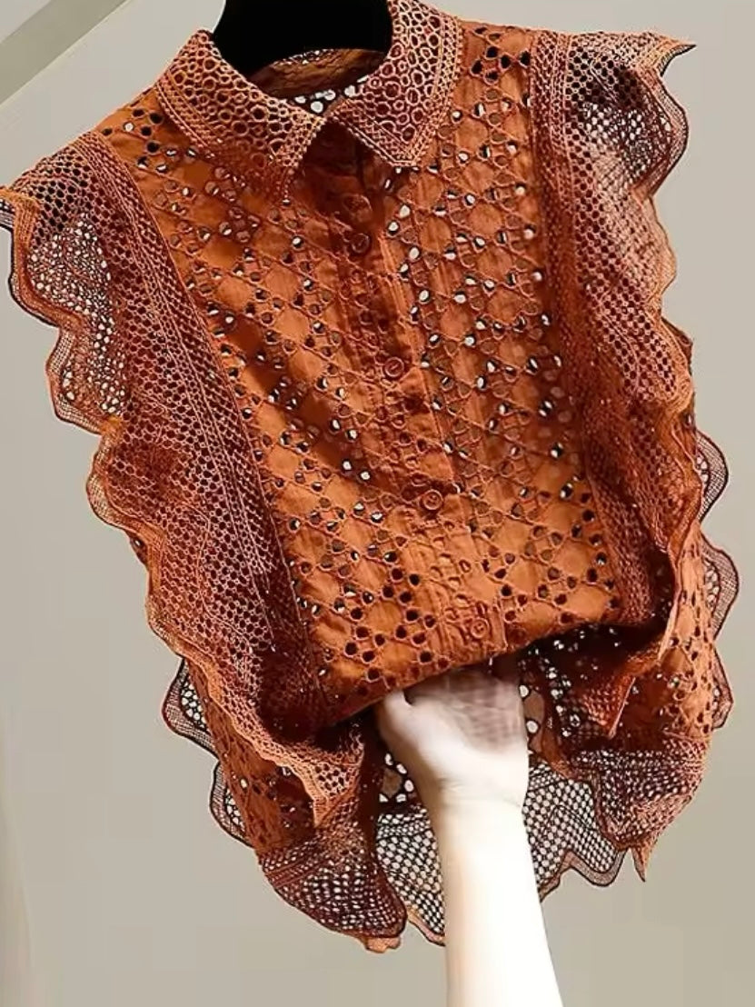 Orange and Olive laced short sleeves ruffles blouse