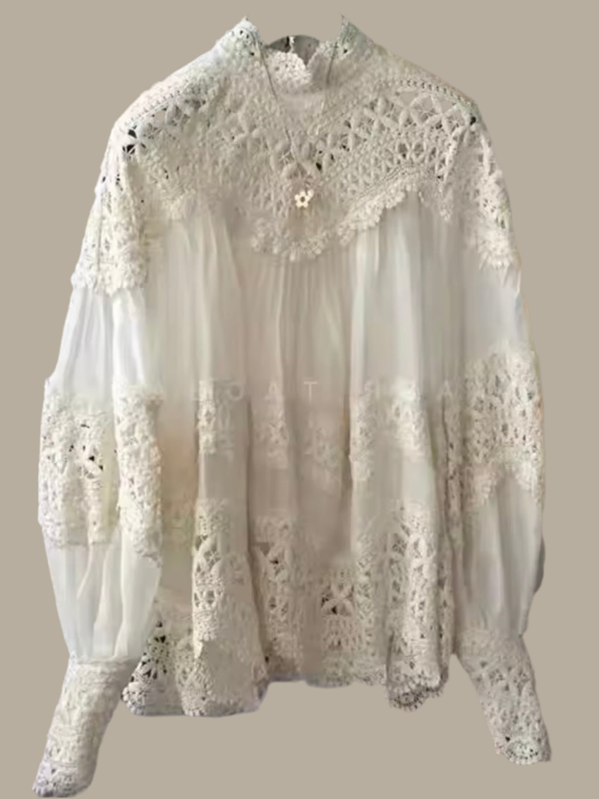 Beige crochet floral mix fabrics shirt