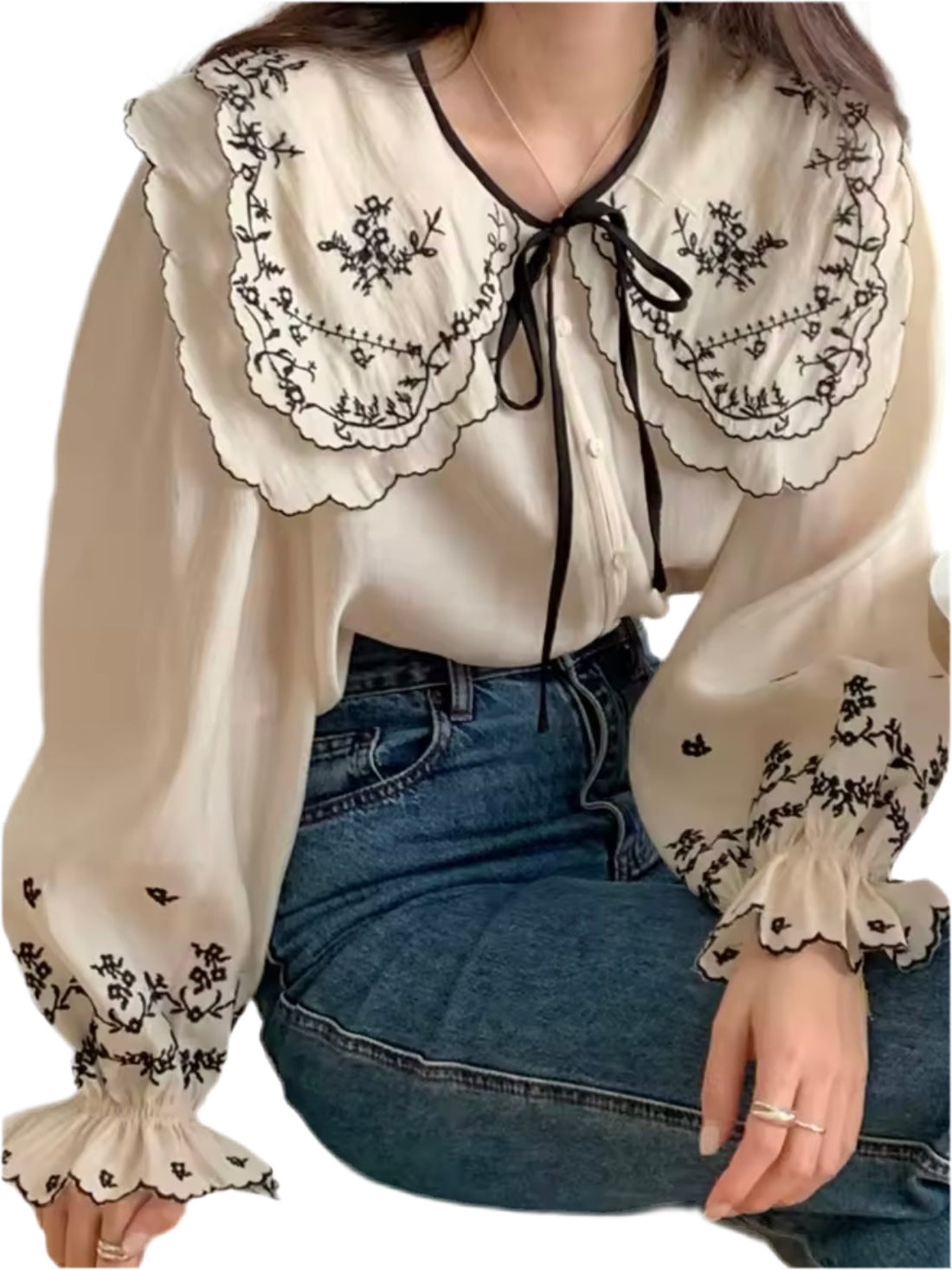 Black and beige embroidered details shirt