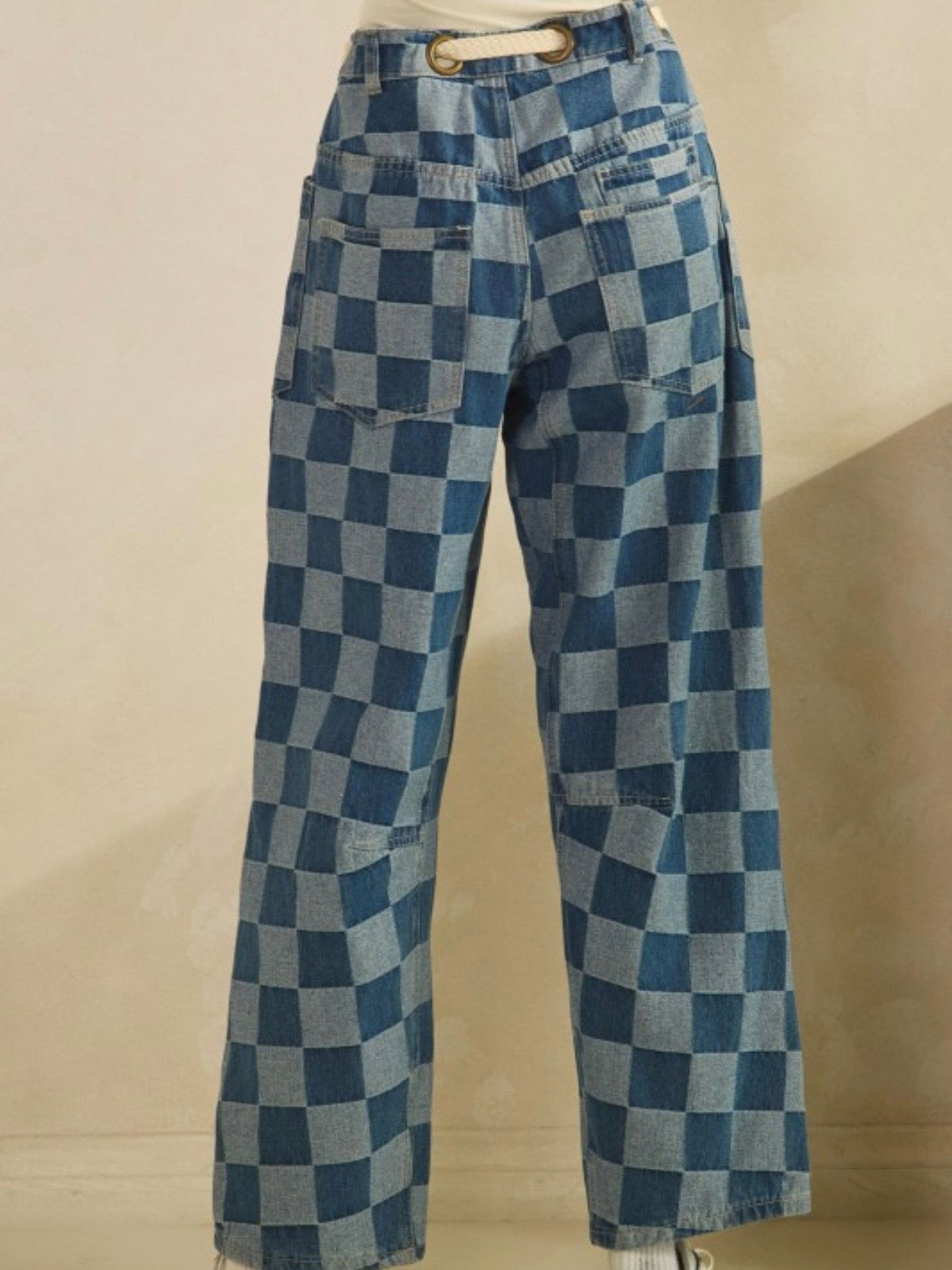 Checkered tie laces barrel jeans pants