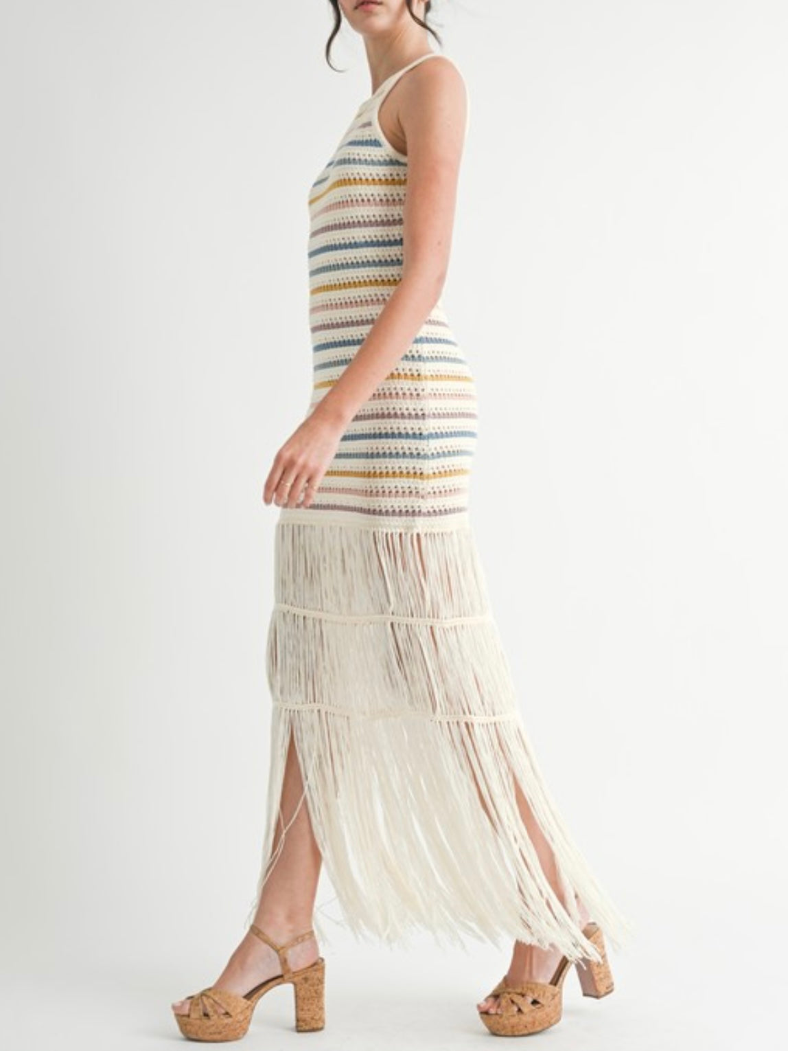 White crochet striped knit halter fringe hem midi dress