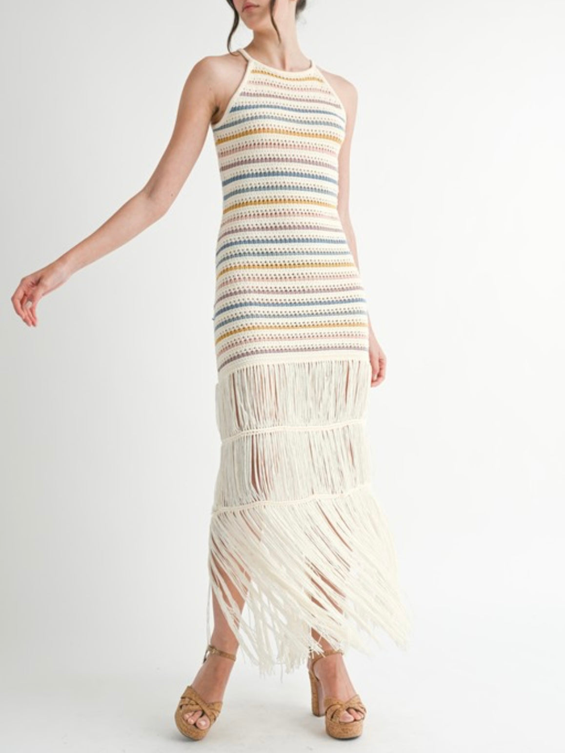 White crochet striped knit halter fringe hem midi dress