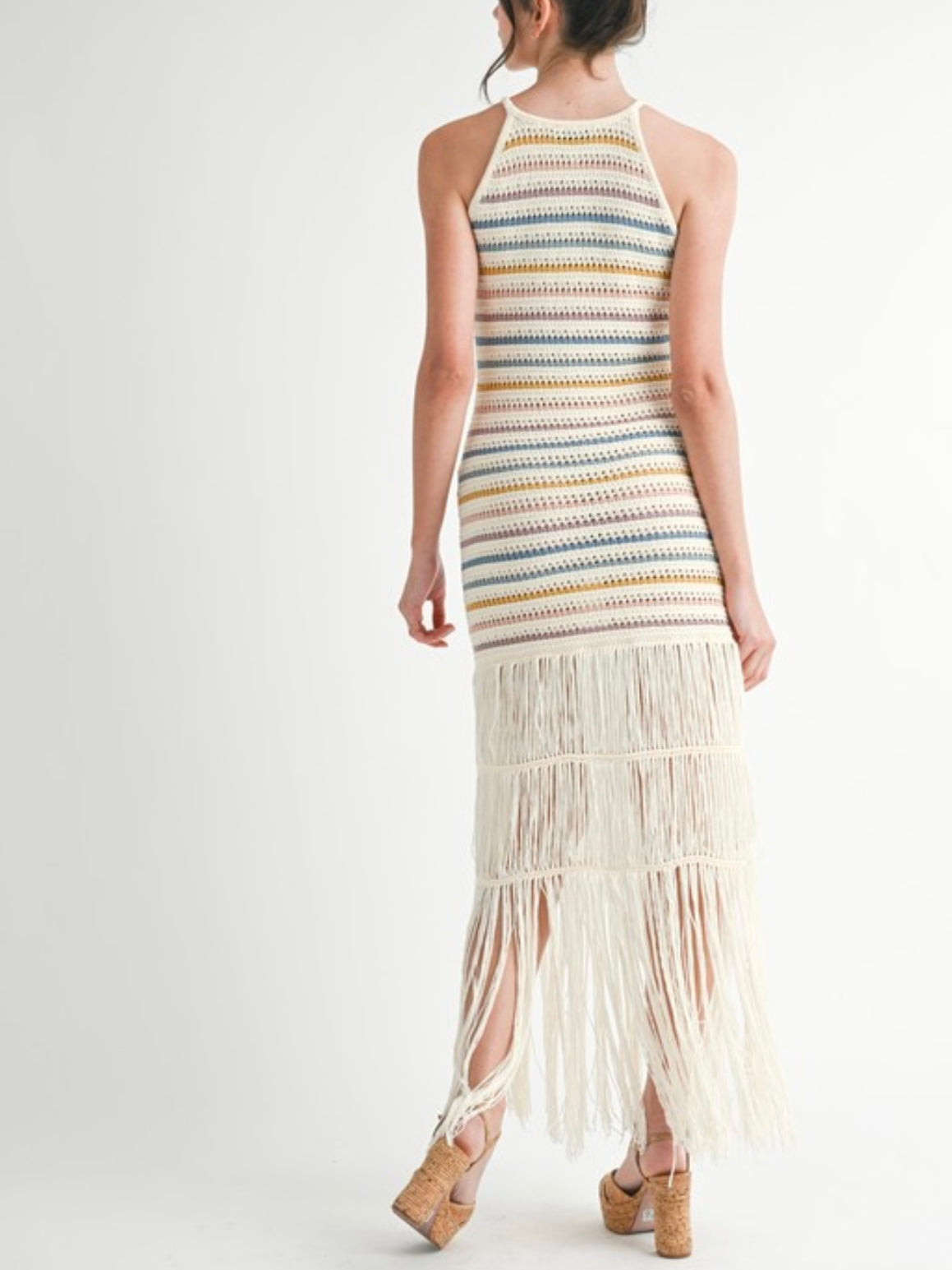 White crochet striped knit halter fringe hem midi dress