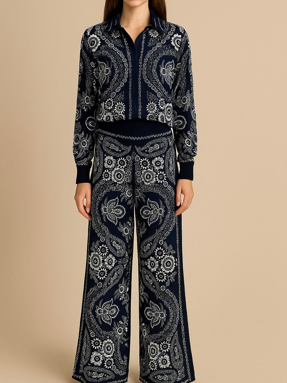 Navy blue and white embroidered floral set of 2 shirt and pants