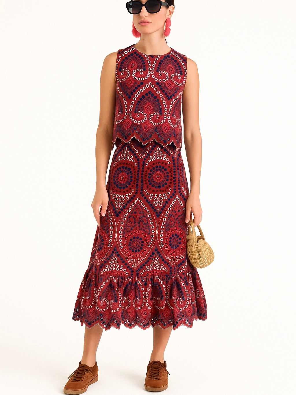 Burgundy Eyelet Lace 2-Piece Set – Top & Midi Skirt