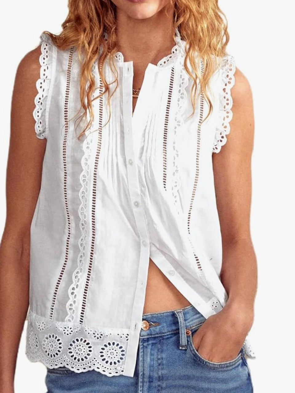 White sleeveless lace loose fit top