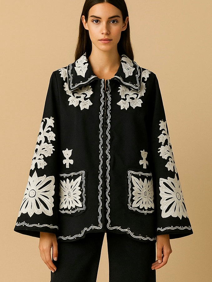 Dark blue and white embroidered floral shirt
