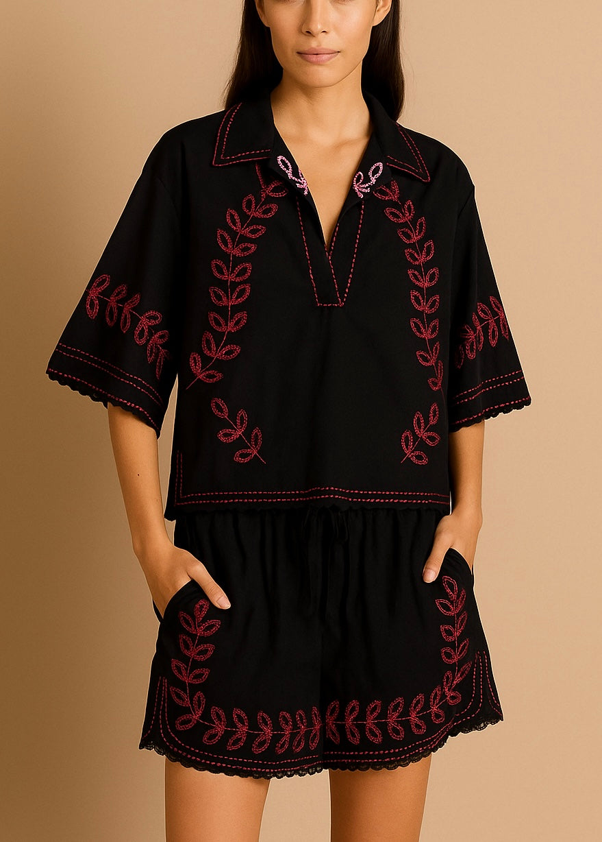 Black and red floral lace set of 2 shirt and shorts pants