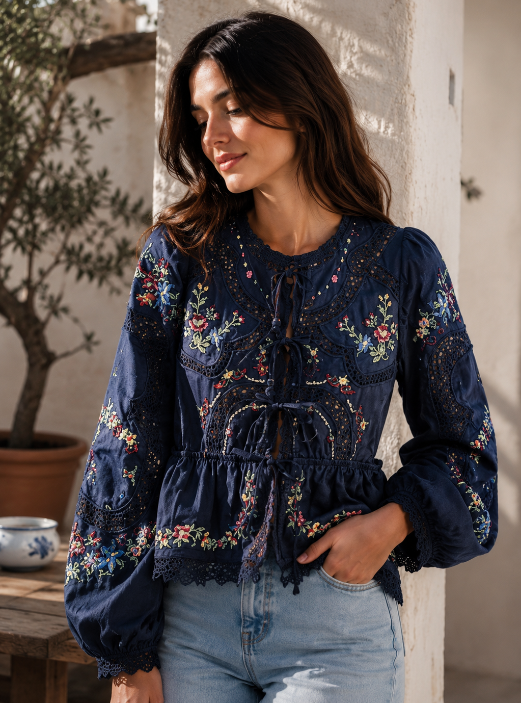 Blue, Burgundy and white embroidered floral bomber short sleeves shirt (Copy)