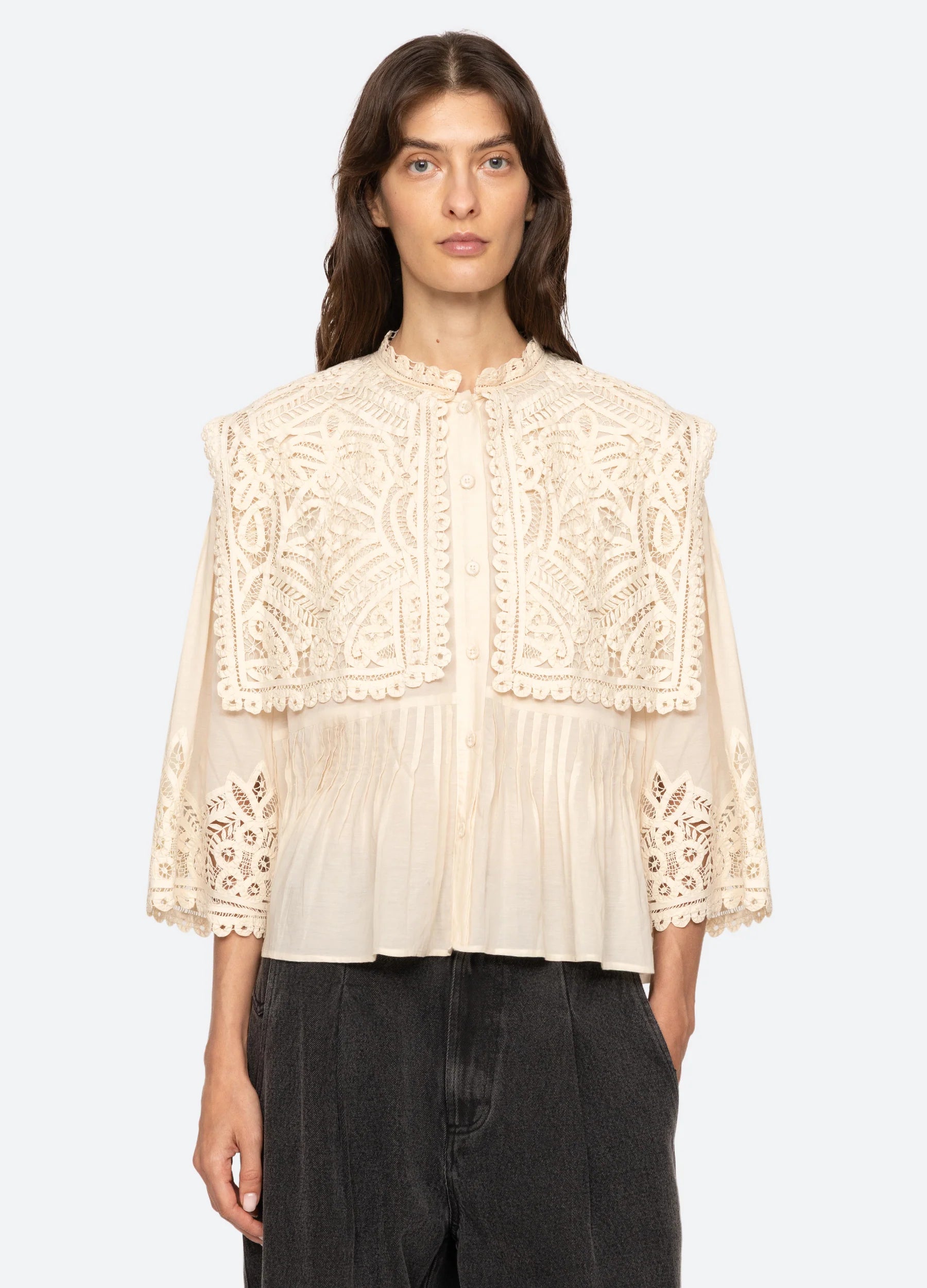 Beige big neck crochet floral lace shirt