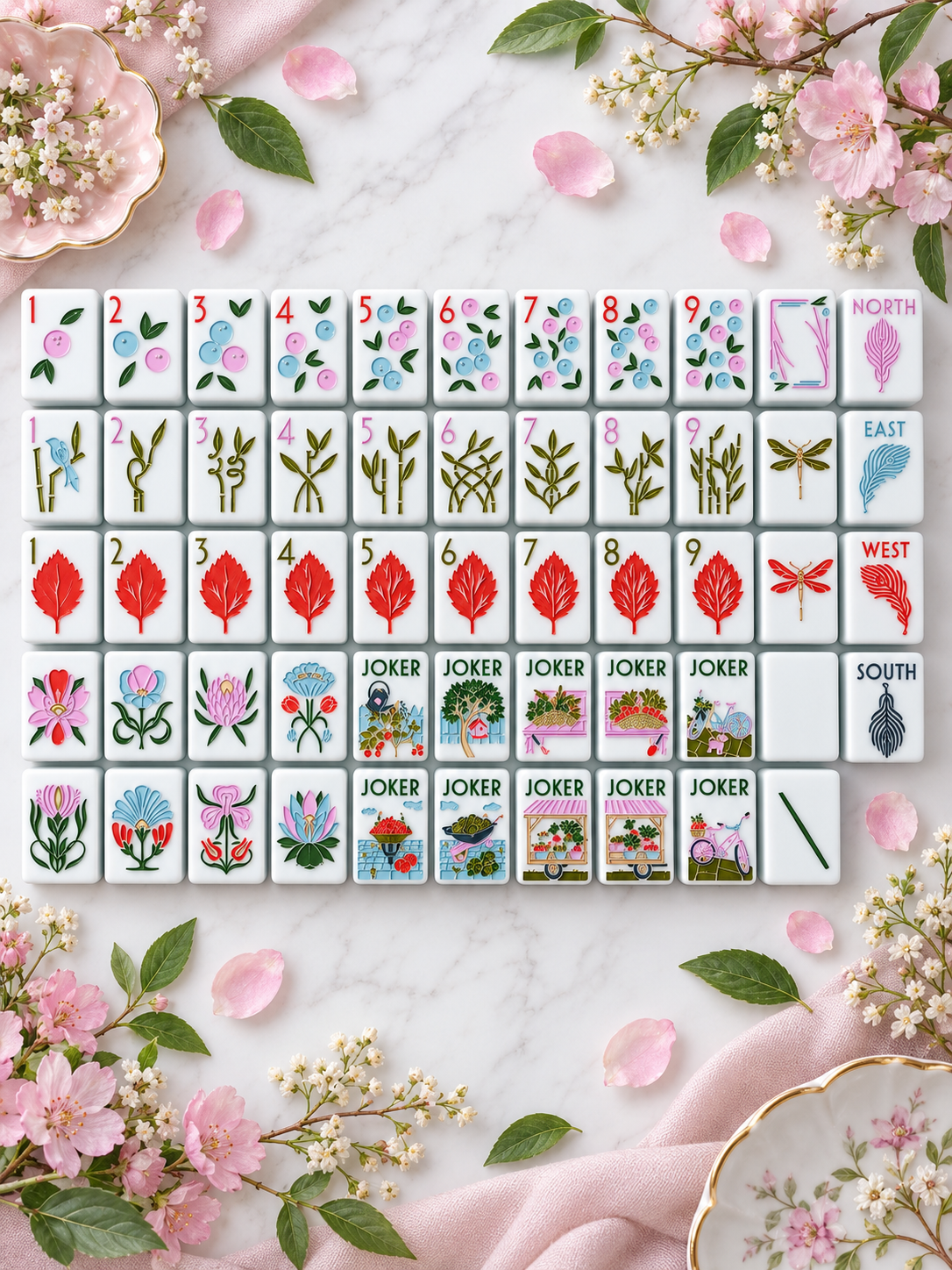 White and green, leaves and plants Mahjong tiles set