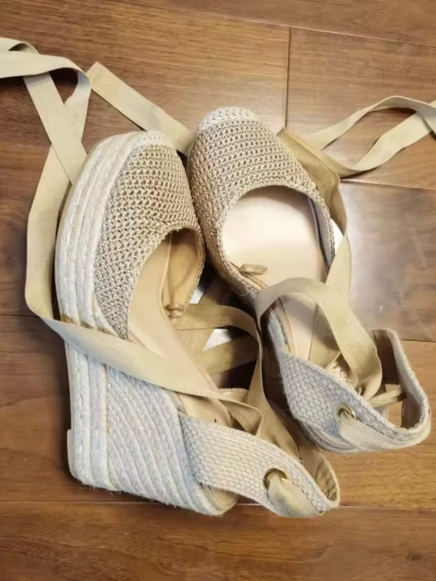 Beige macrame fabric espadrilles high heels platform