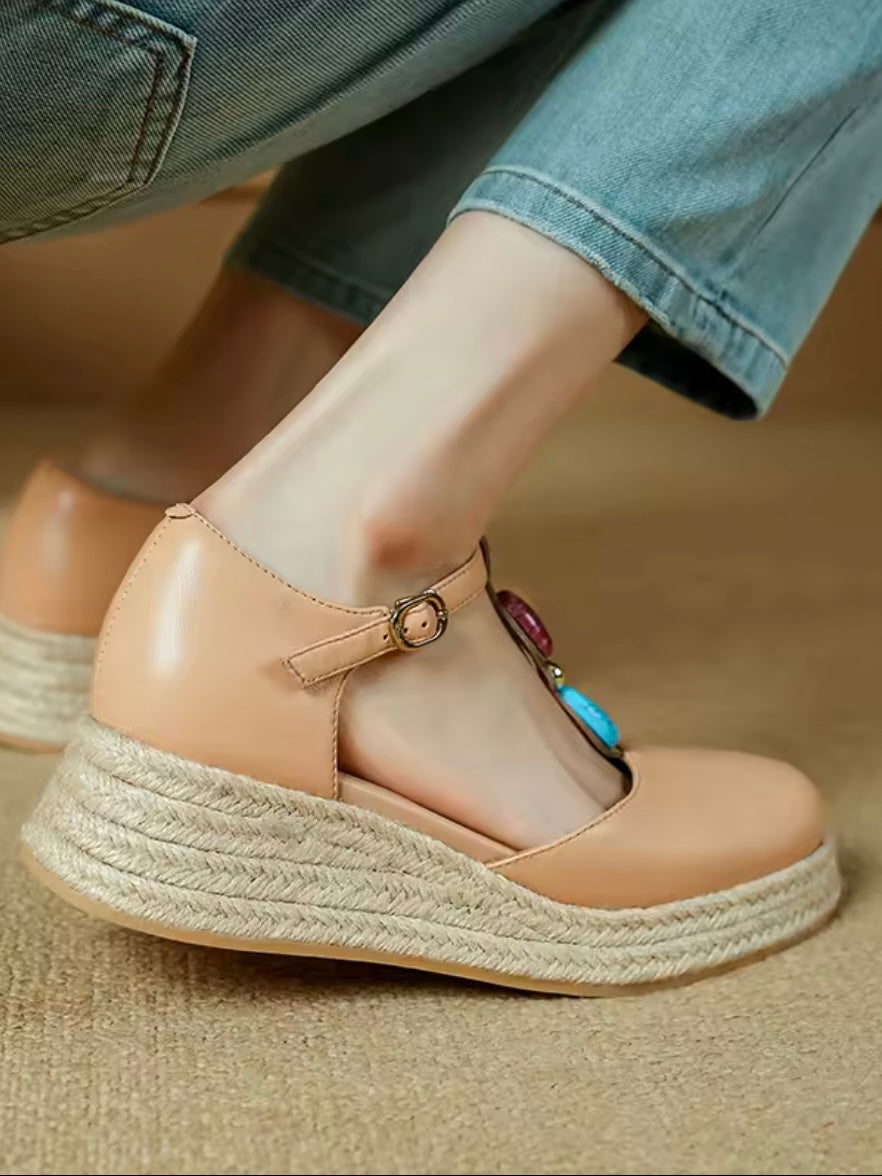 Cow leather espadrilles buckled strap platform