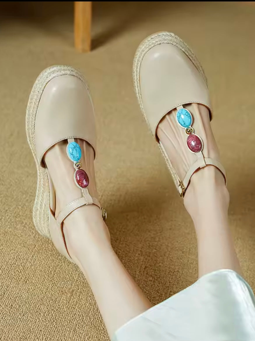 Cow leather espadrilles buckled strap platform