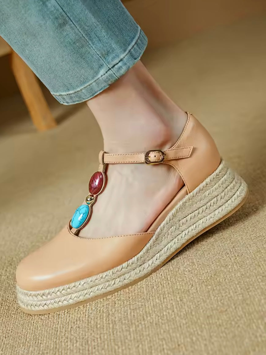 Cow leather espadrilles buckled strap platform