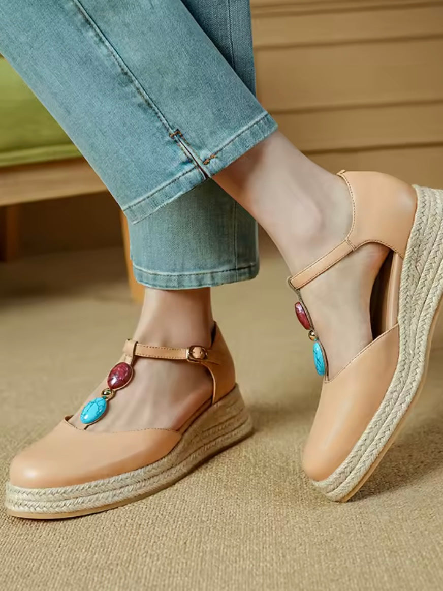Cow leather espadrilles buckled strap platform