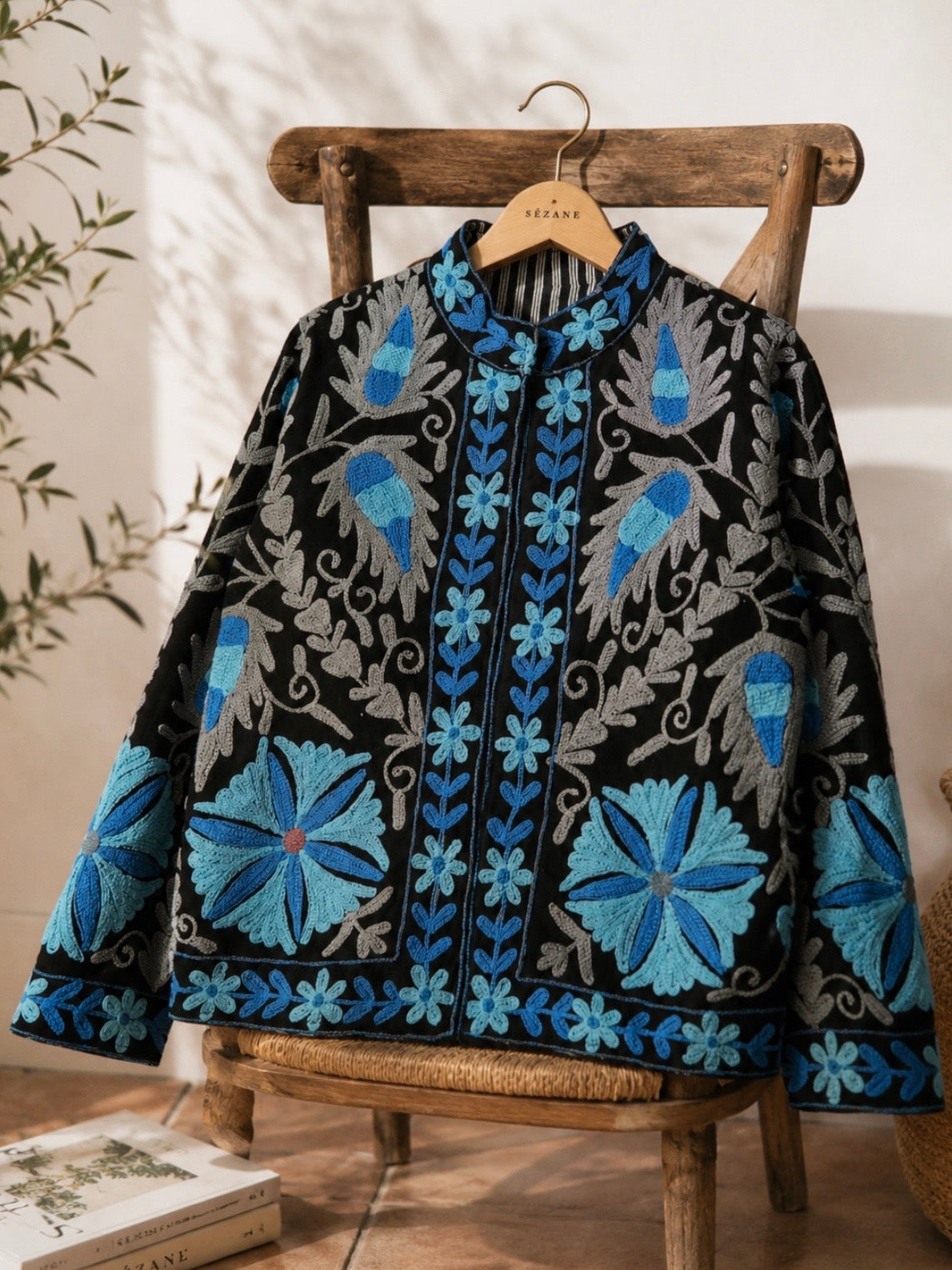Colored floral embroidered open front bomber jacket