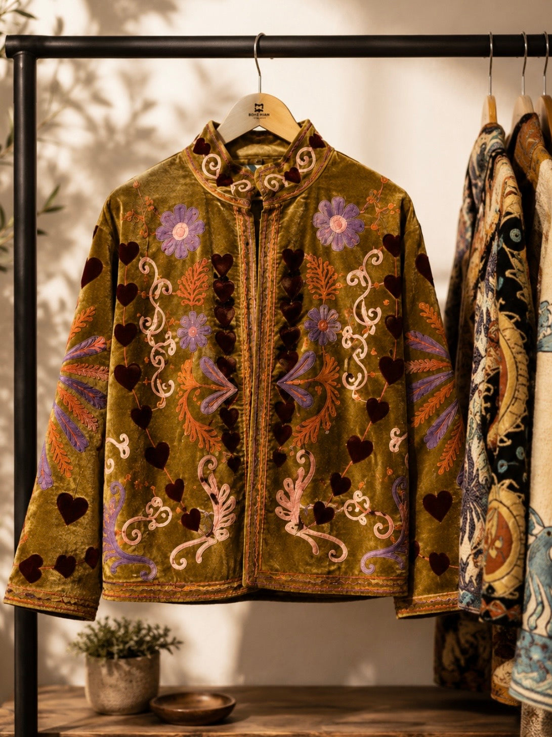 Colored floral embroidered open front bomber jacket