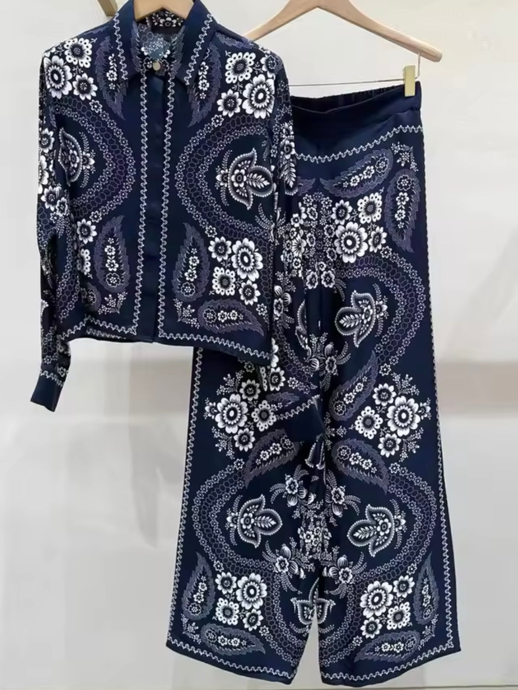 Navy blue and white embroidered floral set of 2 shirt and pants