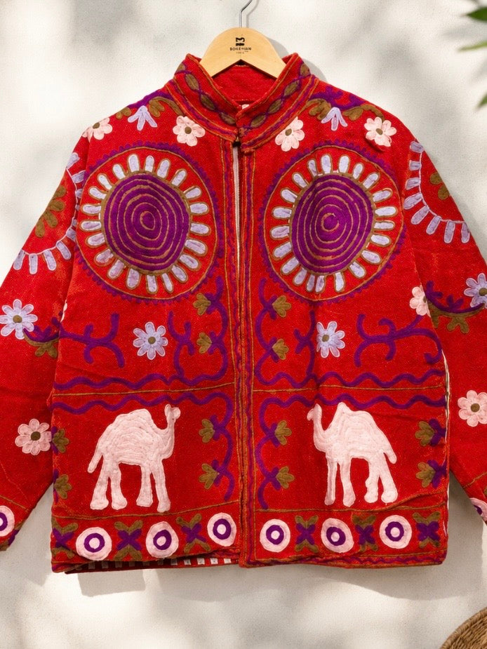 Colored floral embroidered open front bomber jacket