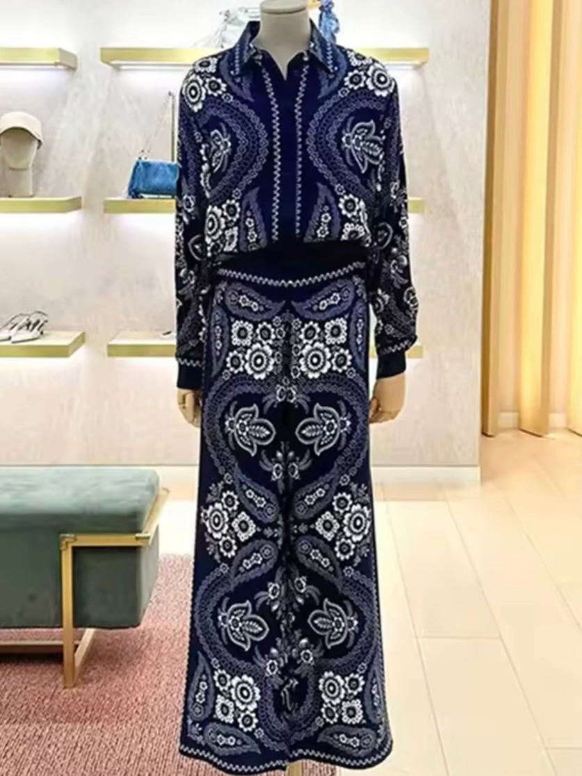 Navy blue and white embroidered floral set of 2 shirt and pants