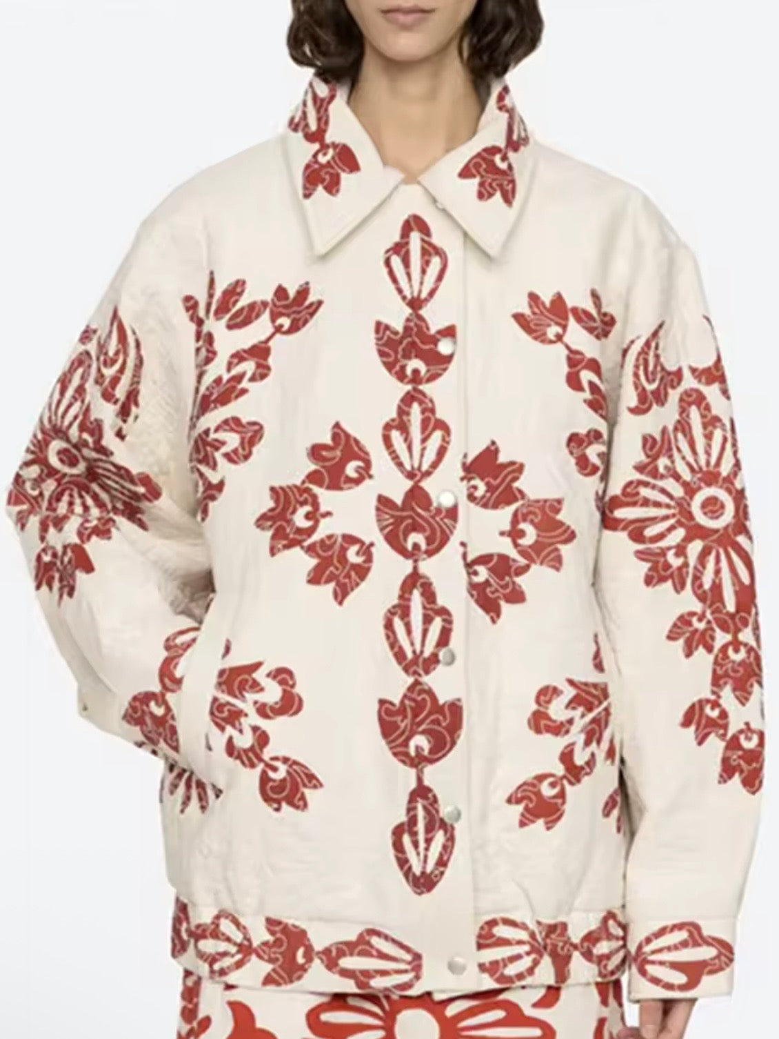 Colored floral embroidered open front bomber quilted jacket