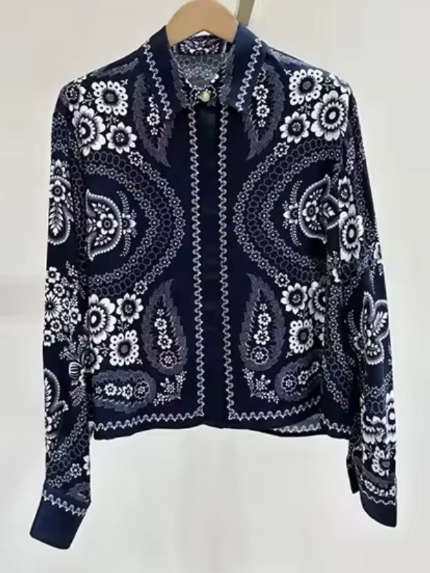 Navy blue and white embroidered floral set of 2 shirt and pants