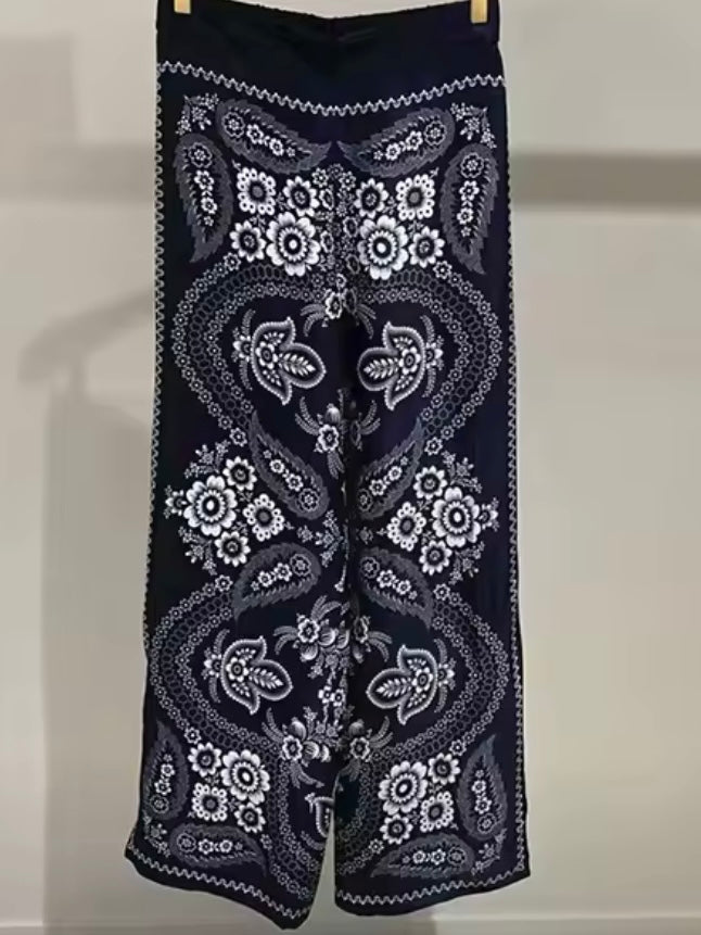 Navy blue and white embroidered floral set of 2 shirt and pants