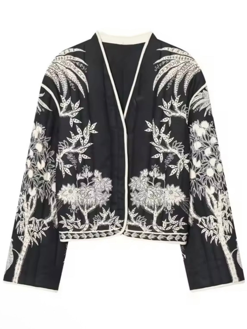 Navy blue peacock embroidered open front bomber quilted jacket