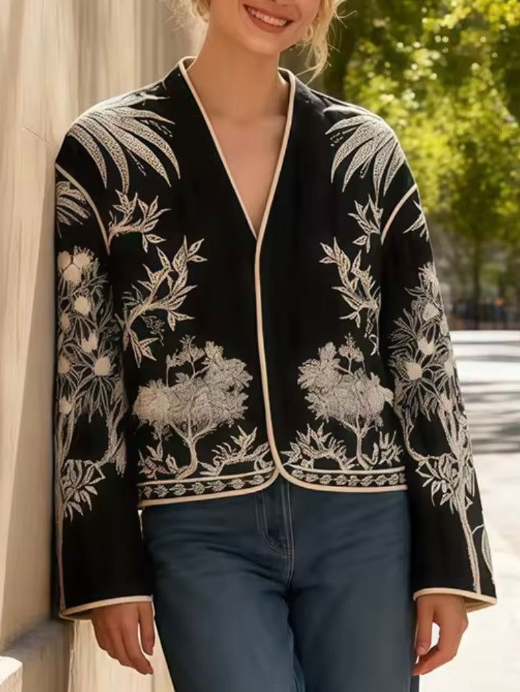 Navy blue peacock embroidered open front bomber quilted jacket