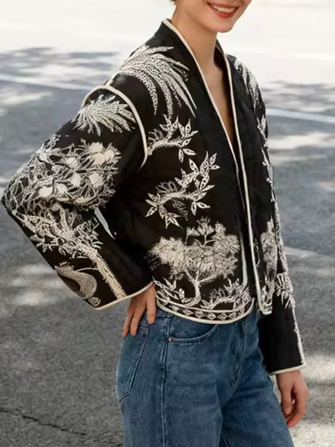Navy blue peacock embroidered open front bomber quilted jacket