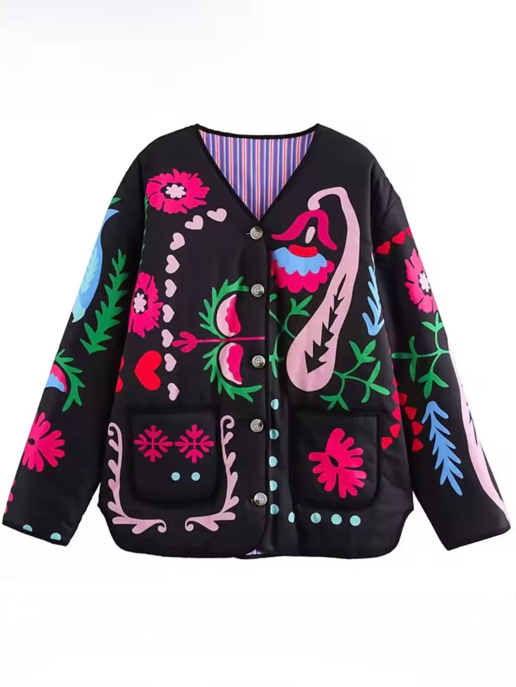 Black Love floral print open front bomber quilted jacket